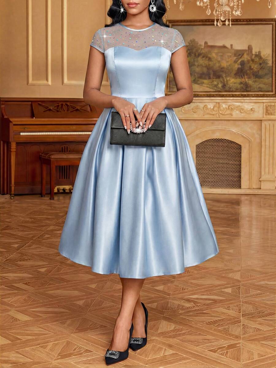 SHEIN Lady Women's Elegant Short Sleeve Mid-Length Mesh Patchwork Rhinestone Decor Dress Dinner Date Light Blue Summer - Lake Blue - View 1