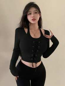 DAZY Women Spring Design Sense Cross Strap Tight Crop Top With Long Sleeve And Hollow Out Stripes Going Out Tops Women - Black - View 4