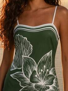 CAJUNI Women's Summer Beach Vacation Floral Print Striped Trim Spaghetti Strap Dress Green Tropical - Dark Green - View 5