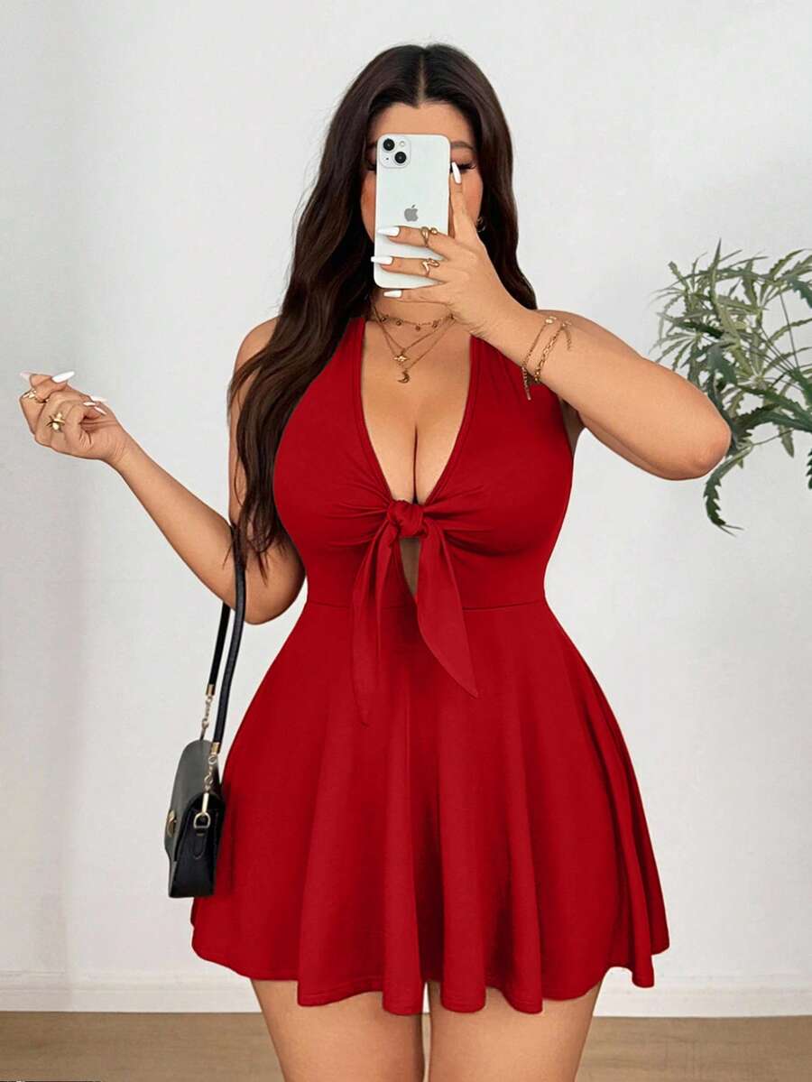 Sunnyshic Plus Size Elastic Knit Tie Bow Decor Dress Fall - Red - View 1
