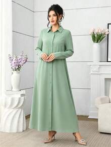 Al Najma Gaun Wanita Model Longgar Gaya Prancis Elegan Vintage Warna Burgundy dengan Hiasan Berlian Imitasi pada Kerah. - Hijau - View 6