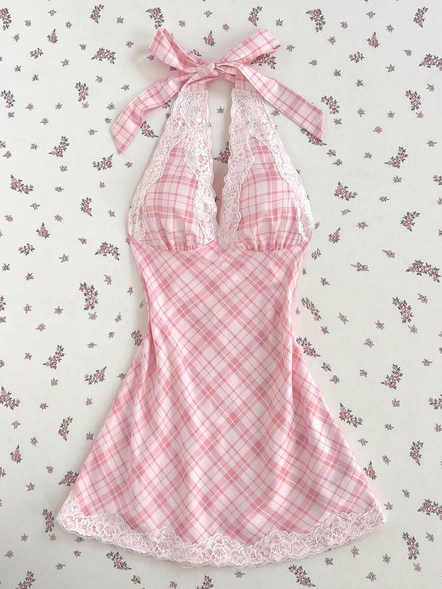 Flirla Women's Deep V Neck Backless Lace Trim Plaid Mini Dress, Spring/Summer - Baby Pink - View 1