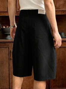 SWAVVY Men's Casual Solid Color Pleated Loose Shorts, Summer - Black - View 2