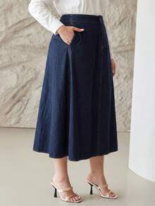MOTF PREMIUM CHÂN VÁY DENIM MÀU XANH DƯƠNG THANH LỊCH DÀNH CHO NGƯỜI CÓ VÓC DÁNG LỚN - Màu xanh lam - Xem 2