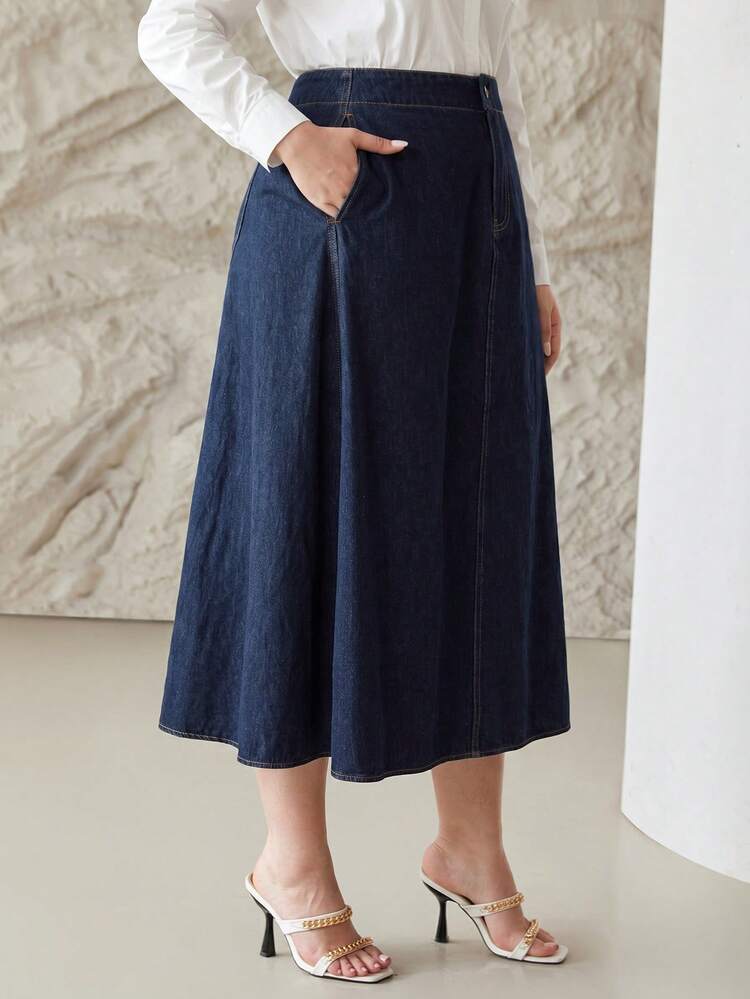 PLUS SIZE ELEGANT WASHED BLUE DENIM SKIRT