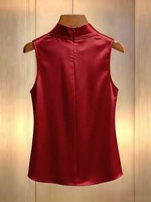 SHEIN Franclia 女士法式优雅缎面镂空褶皱领无袖衬衫 - 紅色 - 查看 2