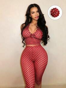 BamGleam Women's Sexy Polka Dot Print Backless Halter Top And Leggings 2 Pieces Set, Summer - Red - View 1