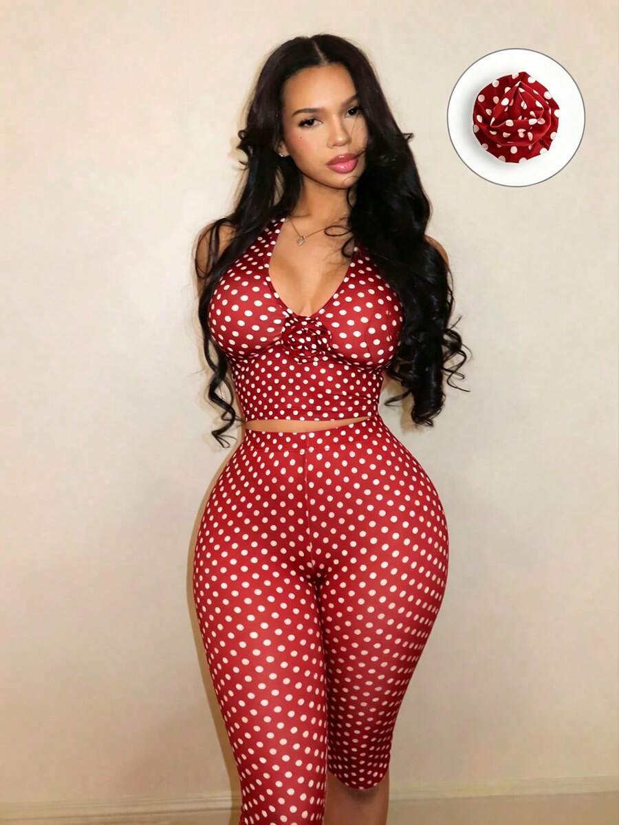 BamGleam Women's Sexy Polka Dot Print Backless Halter Top And Leggings 2 Pieces Set, Summer - Red - View 1