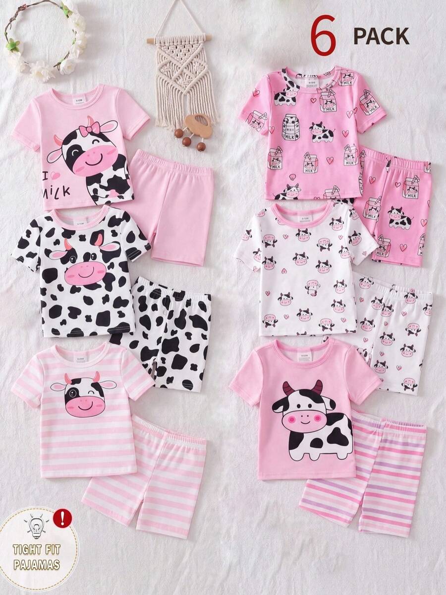 Snug Fit Dog Cartoon Print Pajamas Set, Short Sleeve Top And Shorts, Comfortable Soft Fabric, Suitable For Baby Girl Loungewear, Spring/Summer - Multicolor - View 1