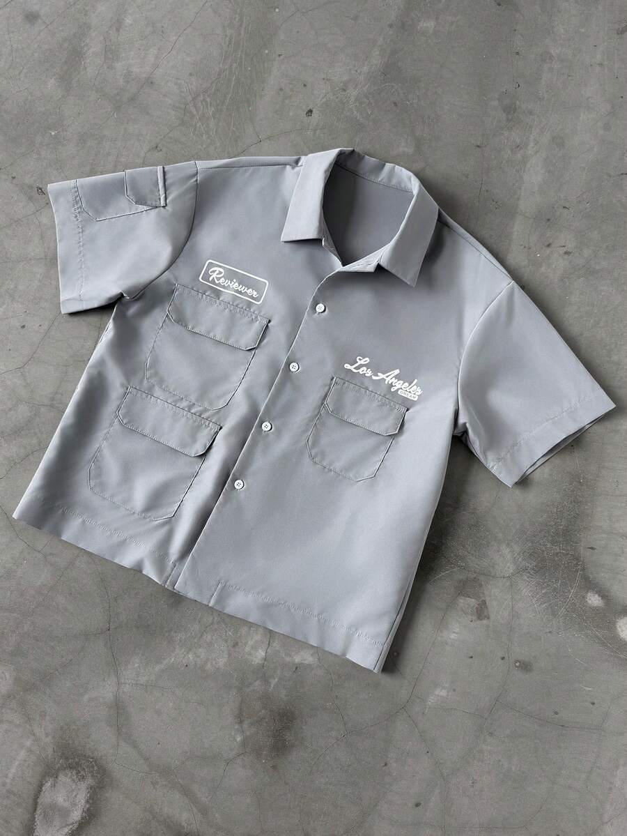 PAVTROS Áo sơ mi nam tay ngắn in chữ, cài cúc phía trước, kiểu dáng thường ngày, thích hợp cho mùa hè. - Màu xanh bụi bặm - Xem 1