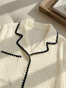 Resyla Contrast Binding Button Front Top & Pants Lounge Set Outfit - Beige - View 3