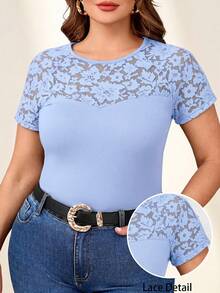 Reflora Plus Size Elegant Round Neck Contrast Lace T-Shirt - Baby Blue - View 1