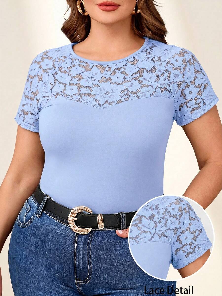 Reflora Plus Size Elegant Round Neck Contrast Lace T-Shirt - Baby Blue - View 1