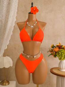 Swim Mod Women's Solid Color Halter Bikini Set, Summer Beach Vacation - Burnt Orange - View 3