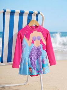 SHEIN Young Girl Mermaid Print Raglan Long Sleeve One-Piece Swimsuit - Multicolor - View 4