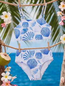 SHEIN Young Girl Shell Print Swimsuit Set - Blue and White - View 3