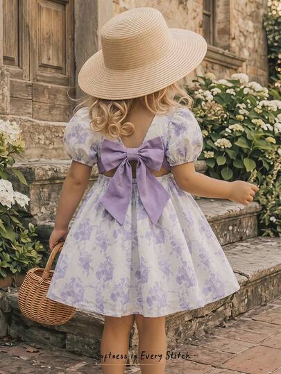 Cozy Pixies Baby Girls' Floral Round Neck Puff Sleeve Casual Dress, Bow Decor Dress, Retro Baby Dress, Fashion Baby Dress, Retro Puff Sleeve Dress, Baby Girls' Elegant Ditsy Floral Color Block Bow Decor Loose Dress