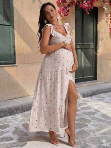 SHEIN Vestido de maternidad con cuello cuadrado francés, manga corta y estampado floral, para primavera/verano - Multicolor - Ver 6
