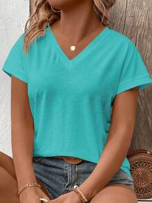 EMERY ROSE Plus Size V-Neck Short Sleeve Patchwork Cuff Casual Versatile Women T-Shirt, Spring/Summer - Blue - View 6