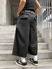 Manfinity EMRG Pantalon cargo décontracté noir, taille haute plissée avec décoration métallique, pantalon large et ample, pantalon cargo de style de rue polyvalent, streetwear hip hop - Noir - Voir 2