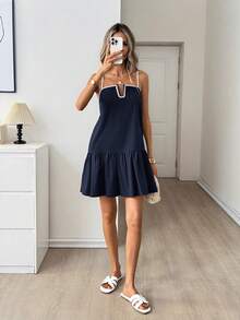 Easowa Square Collar Ruffle Hem A-Line Dress, Casual Loose Elegant Commuter Vintage Style Mini Dress For Women, Spring/Summer City Break Vacation Navy Blue - Navy Blue - View 5