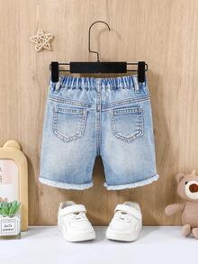 SHEIN Baby Boys' Summer Casual Distressed Ripped Frayed Blue Button Front Pockets Skinny Denim Shorts,Baby Spring/Summer Spring Break Daily Wear - Light Wash - View 2