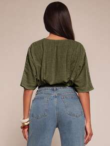 Radiana Women Deep V Neck Batwing Sleeve Cropped Top Elegant Olive Green Blouse,Autumn Top Date Night - Army Green - View 4