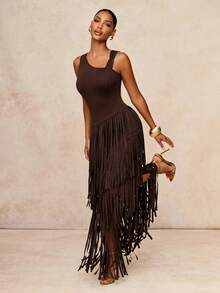 Lumalex Vestido con cuello asimétrico, cintura ceñida y volantes exagerados en capas para mujeres - Marrón - Ver 8