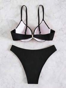 Swim SXY 钢骨纯色扭结前襟抹胸比基尼套装 - 黑色 - 查看 2