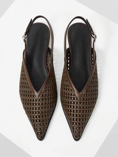 Mnmlis Temperament Fashion Shoes Women's Slingback Low Vamp French Hollow Pointed Head Retro High-End Closed Toe Slippers