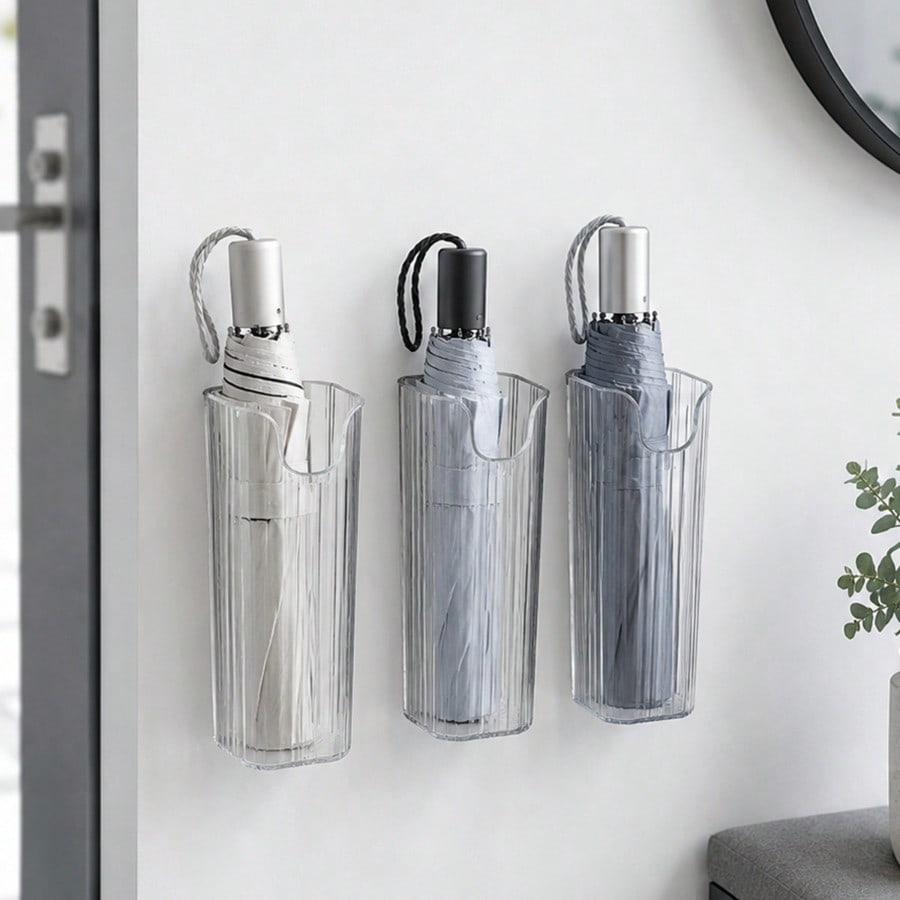 No Drill Wall-Mounted Umbrella Storage Holder, Multi-Purpose Long Tube Organizer For Kitchen, Fridge, Entryway, Clear Ribbed Plastic Caddy, Space-Saving Storage Bin For Utensils, Chopsticks, Plastic Bags, Disposable Supplies, Foldable Umbrellas
