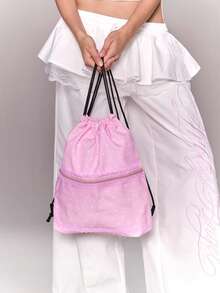 ROMWE Anime Y2K Star Printing Contrasting Color Lace Trim Transparent Zipper Pocket Large Capacity Multi-Functional Pink Drawstring Backpack, Cute Animation Style, Suitable For School, Commuting, Daily Leisure Use, Very Cute - Pink star - View 6