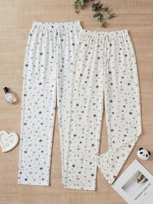 SHEIN Two Pieces Pack Sleep Bottoms Sea Shell Pattern White Base Color Casual Long Sleep Bottoms - White - View 1