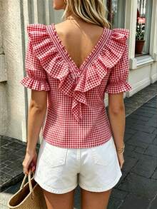 Pariaura Ruffle Shirred Plaid Casual Blouse For Women - Red and White - View 2