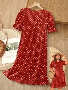 Rusticease Plus Size Women Summer Casual Vacation Red Polka Dot Ruffle Petal Sleeve Dress,Holiday Casual Round Neck Ruffle Puff Sleeve Flowy Country Outfits - Red - View 3