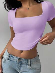 SHEIN BASICS Solid Color Knit Convertible Collar Fitted Cropped Women Top - Purple - View 6