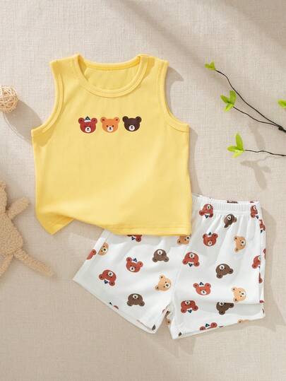 Souflis Souflis Bộ 2 món dễ thương tối giản gồm áo ba lỗ màu vàng và quần short in họa tiết, áo ba lỗ kẻ sọc nhiều màu sắc và in số hoạt hình, chất liệu vải dệt kim mềm mại và thoải mái, thêu hình động vật hoạt hình ở gấu quần short, quần short cạp chun, phù hợp cho bé trai từ 6 tháng đến 3 tuổi mặc mùa hè, mặc hàng ngày, chơi ngoài trời, bộ đồ cho bé trai, bộ áo ba lỗ, quần áo trẻ em, bộ đồ thường ngày, bộ quần short, bộ đồ cho trẻ sơ sinh và trẻ nhỏ.