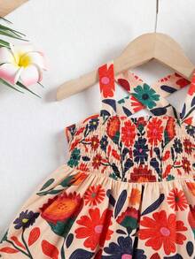 SHEIN Vestido sin mangas con volantes y lazo en la espalda, con estampado floral tejido para bebé niña - Multicolor - Ver 5