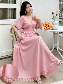 Modelyn Women's 3D Floral Waist-Cinched Short Sleeve Elegant Slimming High-Quality A-Line Pleated Dress - Pink - View 7