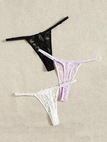 SHEIN Set de 3 piezas de bragas sin costuras con borde de encaje en unicolor y sexy - Multicolor - Ver 2