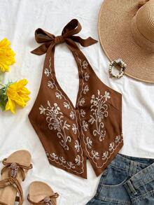 Soleia 杏色底黑色花卉刺绣露背吊带短款背心，蝴蝶结系带，适合音乐节穿着 - 棕色 - 查看 1
