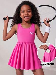 SHEIN Young Girl Solid Color Knit Bow Decor Sleeveless Jumpsuit - Pink - View 4
