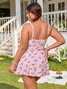 Swim Mod Plus Size Women Cherry Print Rouched Drawstring Hem Top And Matching Triangle Bottoms, Sexy Casual Summer Party Pool Swimsuit Set - Multicolor - View 2
