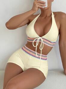 SHEIN Swim 两件套春假新款露背系带比基尼套装，音乐节假日休闲沙滩泳装，女士 - 杏色 - 查看 1