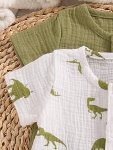 SHEIN 2 bộ romper ngắn tay cho trẻ sơ sinh 0-9M, màu trơn xanh và trắng, phong cách thường ngày mùa hè, chất liệu cotton crepe mềm, quần áo gia đình đồng bộ, quà tặng cho trẻ nhỏ - Nhiều màu - Xem 4