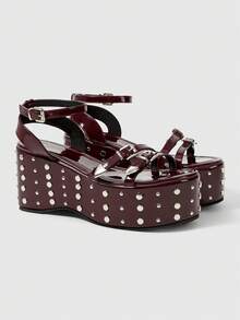ROMWE Grunge Punk Ladies, Spike Buckles, Lame-Heeled Platform Sandals. Summer - Burgundy - View 2