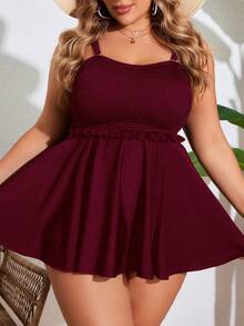 SHEIN Swim Curve 大尺碼女款純色細肩帶分體式比基尼泳衣套裝 2 件組，休閒度假風 - 酒紅色 - 查看 5