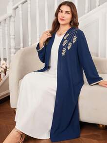 Al Najma Plus Size Solid Color Leaf Embroidered Long Sleeve Maxi Abaya For Women - Navy Blue - View 1