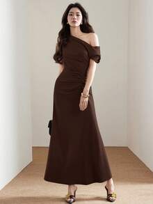Heiryn Women's Elegant Solid Color Asymmetric Neck Twist Long Dress, Summer - Brown - View 6