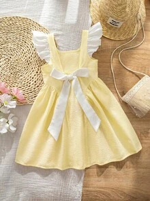 Emery Rose Kids Emery Rose Kids Gaun Rajut Anak Perempuan Motif Garis-garis Blok Warna dengan Kerah Persegi dan Hem Bergelombang - Kuning - View 7
